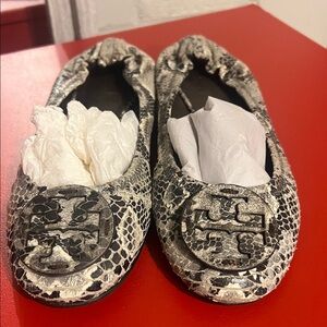 Tory Burch Black and White Snakeskin Reva Flats